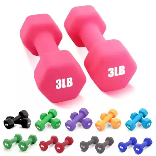 Portzon Set of 2 Neoprene Dumbbell Hand Weights, Anti-Slip and Anti-roll, Pink, 3 Pound each