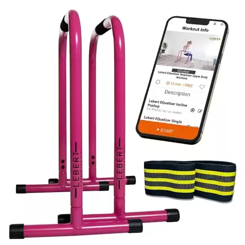 Lebert Fitness EQualizers Original Dip Bars | Total Body Pull Up Bar | Exercise Equipment Dip Station | Resistance Band | Workout Videos | Pink